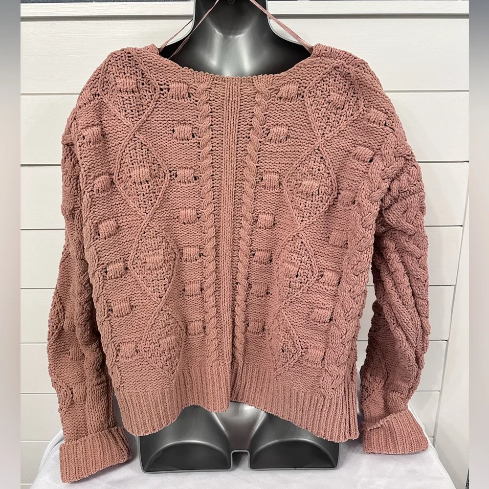 moon & madison Open Front Cable Knit Cardigan - Dusty Rose Medium - Picture 2 of 3